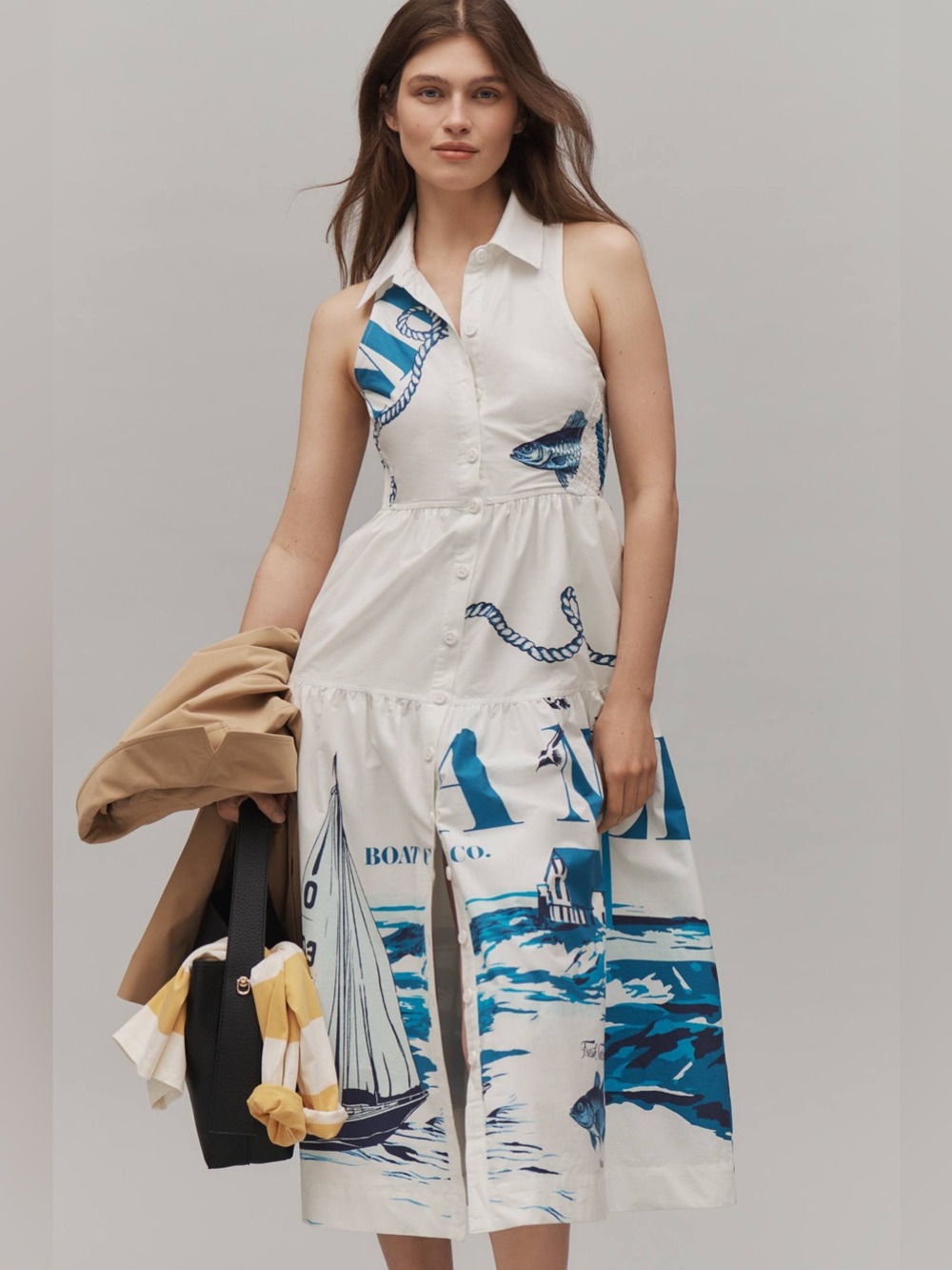 Maeve White Midi Shirt Dress with Blue Nautical Print